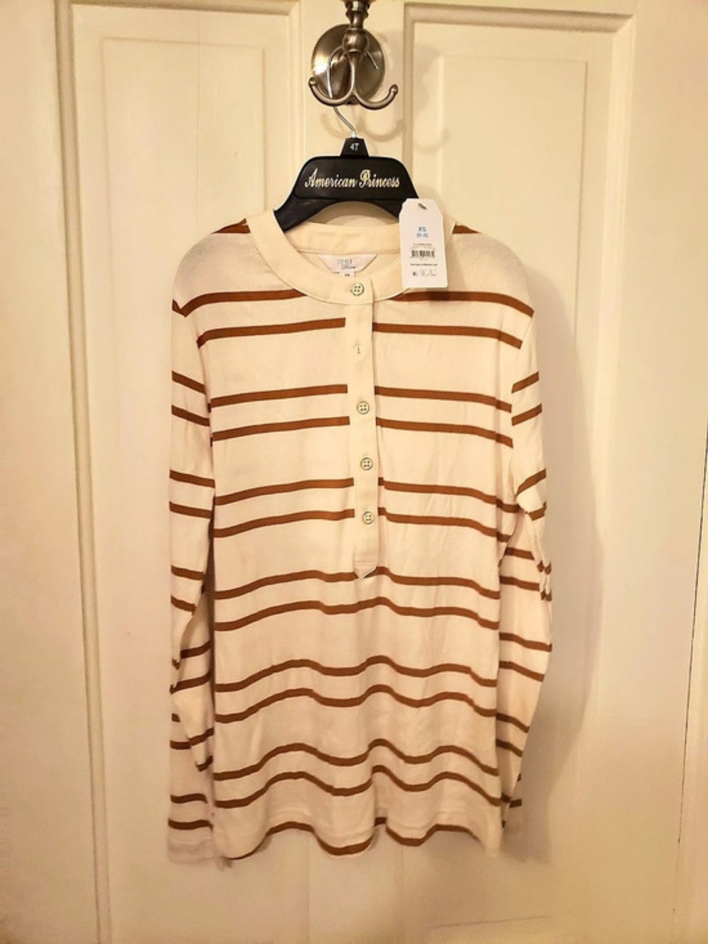 Time and Tru Striped Long Sleeve Top in White & Brown Size XS NWT